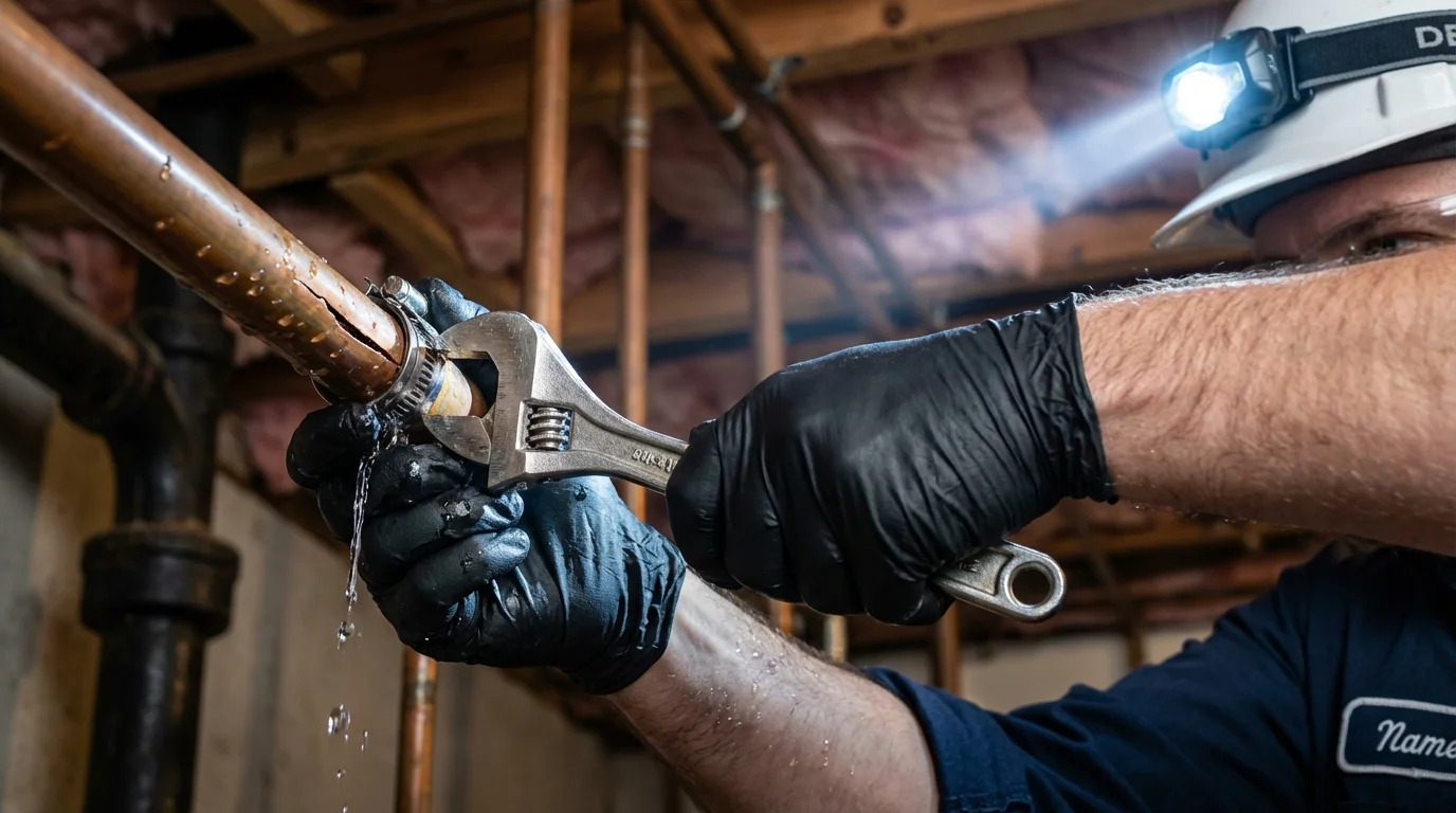 Emergency pipe clamp repair being performed by a Johns Plumbing LLC plumber in Naco