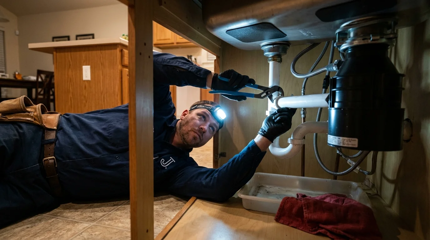 P-trap and supply line connections under a kitchen sink showing a common leak point in Naco, AZ